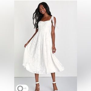 Lulu’s Radiant Delight White Burnout Ruched Tie-Strap Midi Dress